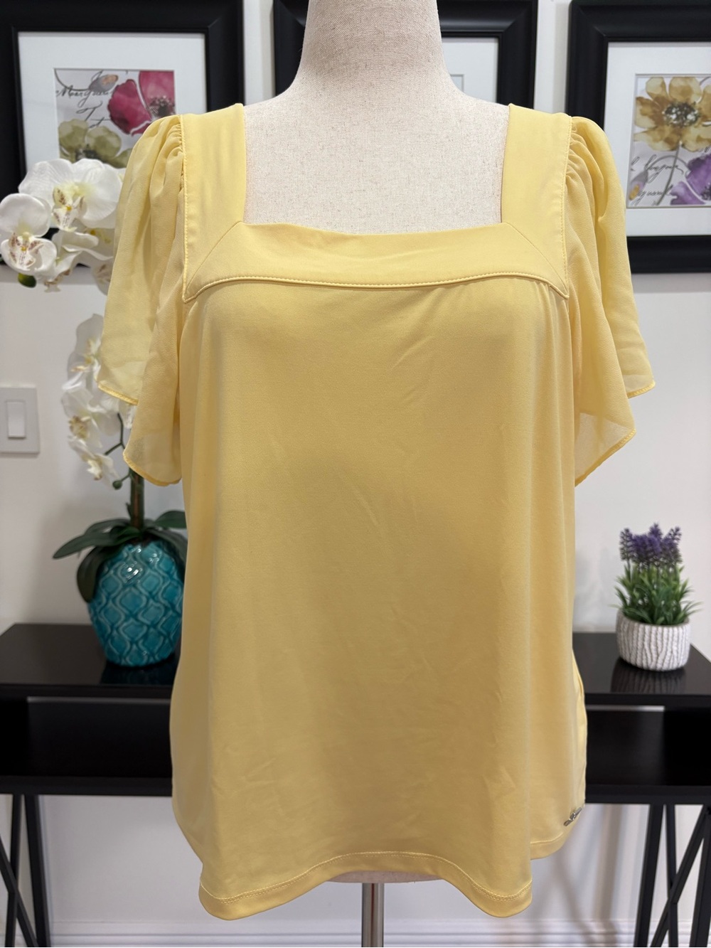 Calvin Klein Pale Yellow Square Neck Flutter Sleeve Blouse